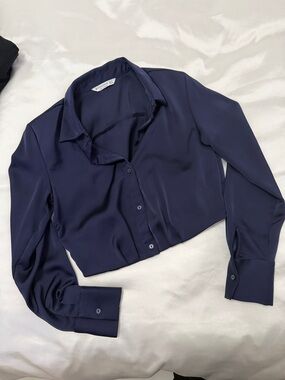 stradivarius Navy Satin Button-Down Cropped Shirt